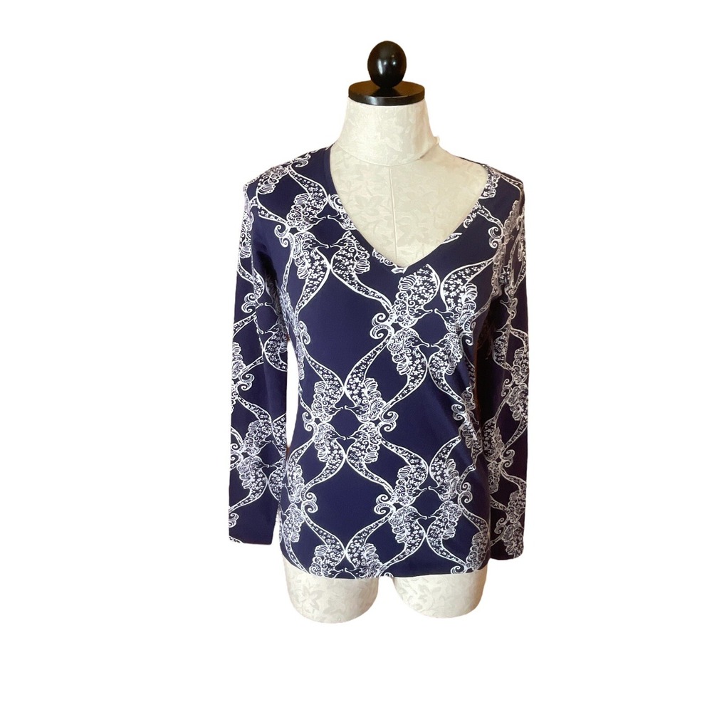 Lilly Pulitzer long Sleeve Blue Kissing Seahorse‎ Blouse Top V-Neck XS Stretch